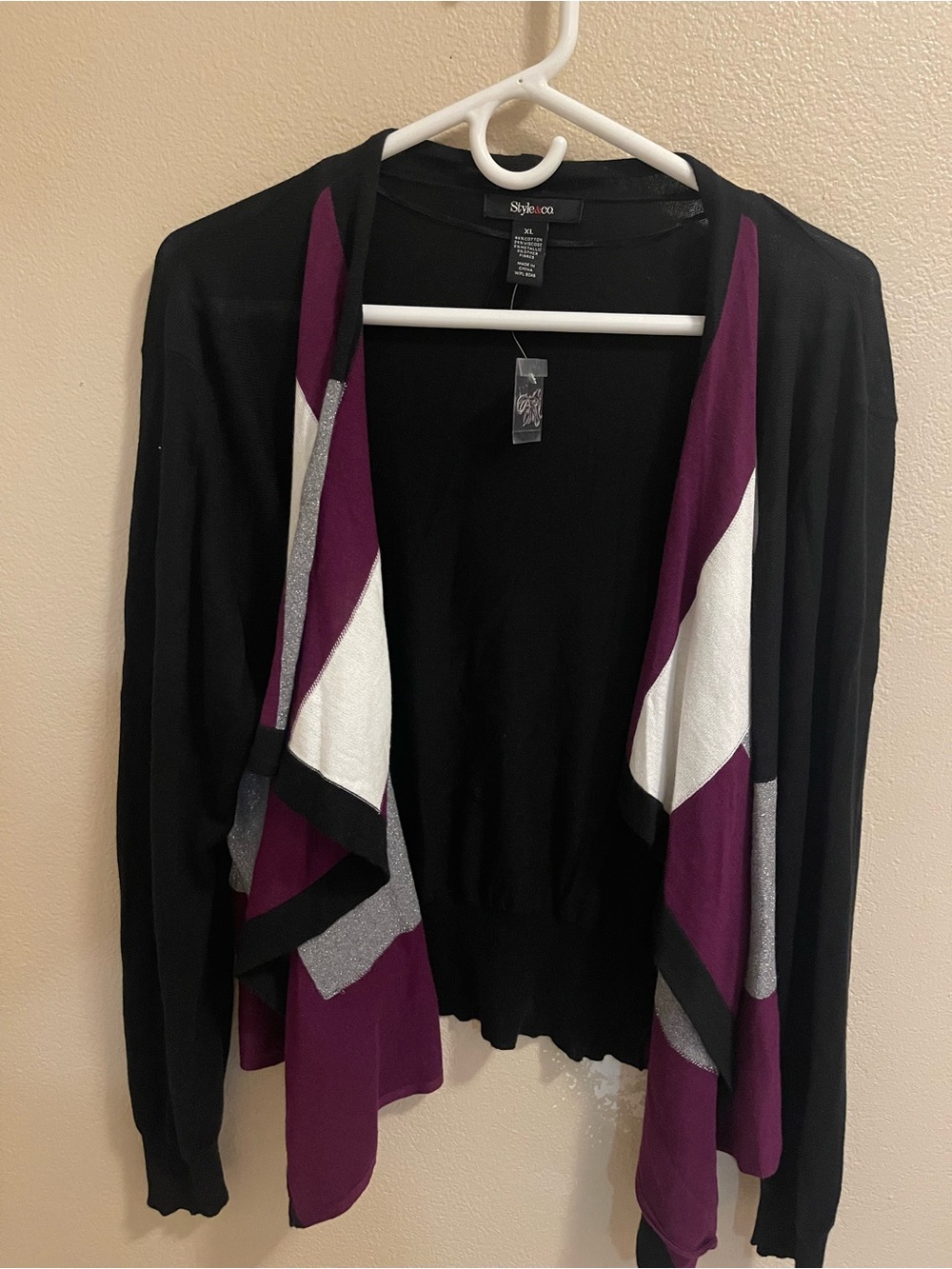 Style & Co. Black Cardigan with Plum, White and Silver Accent Panels